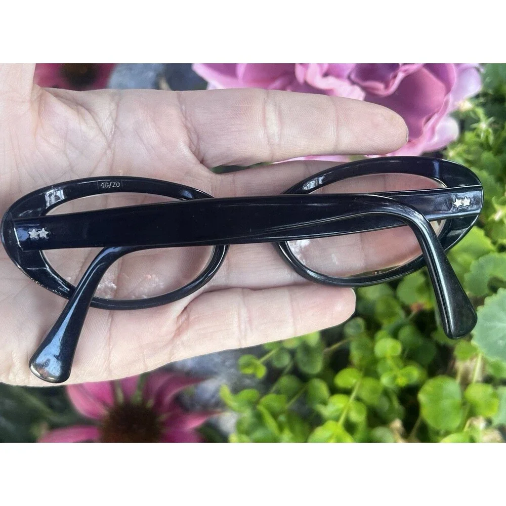 Vintage 1960s Cameo Black Rhinestone Cat Eye Eyeglass Frames USA 46/20 5½